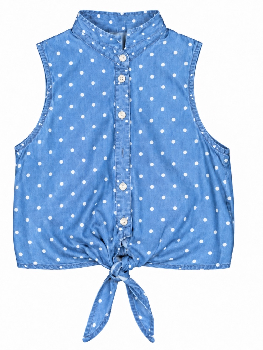Blue Polka Dot Tie-Front Sleeveless Top